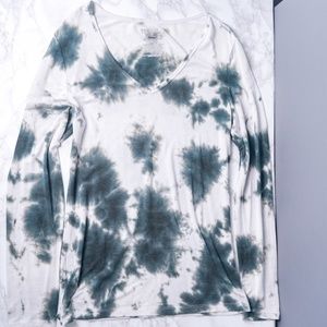 Tie Dye Long Sleeve Shirt Top Black Green White V neck